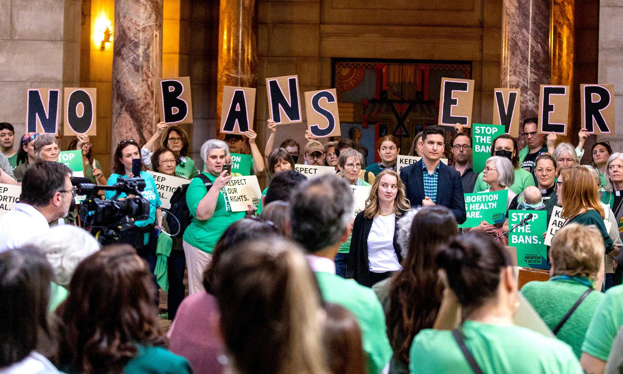 Abortion-rights advocates rally in the Nebraska Capitol rotunda on April 12, 2023, in opposition to the Nebraska Heartbeat Act, which would have banned abortion around six weeks. The bill did not pass, but a 12-week ban is now law. (Photo by Joseph Kual Zakaria/News21)
