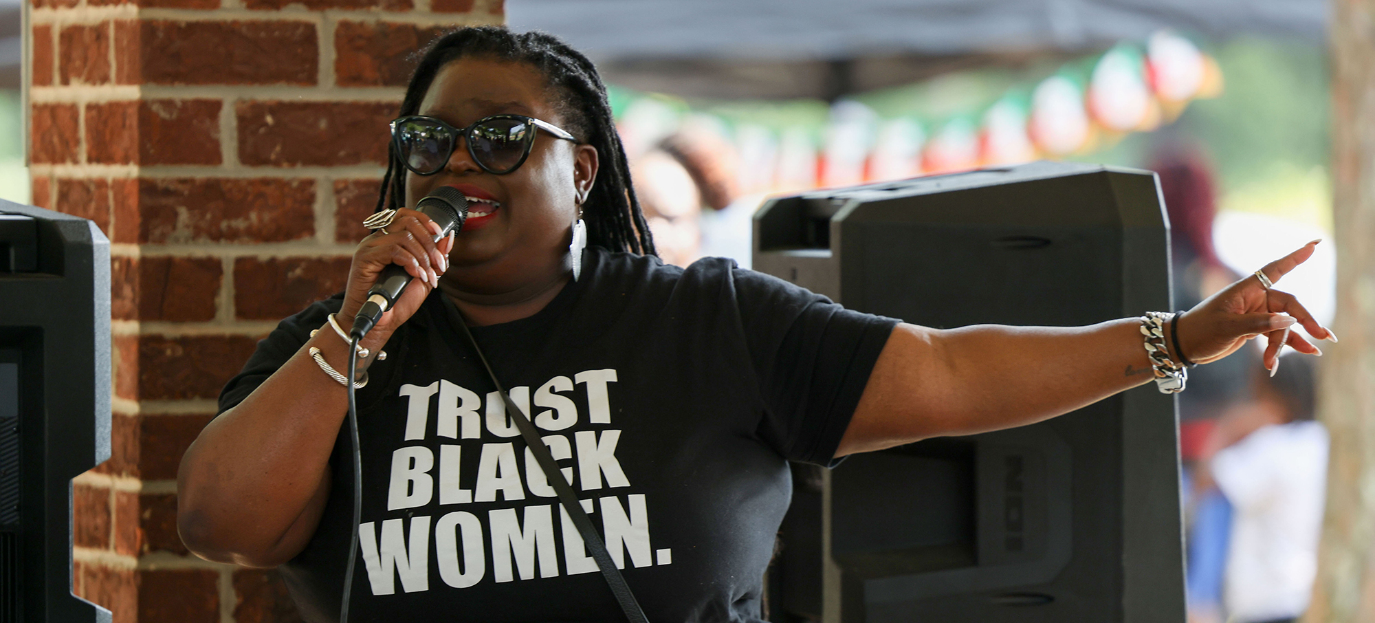 Monica Simpson, executive director of the reproductive justice organization SisterSong, speaks to the crowd at a Juneteenth celebration in her hometown of Wingate, N.C. (Photo by Shelby Rae Wills/News21)