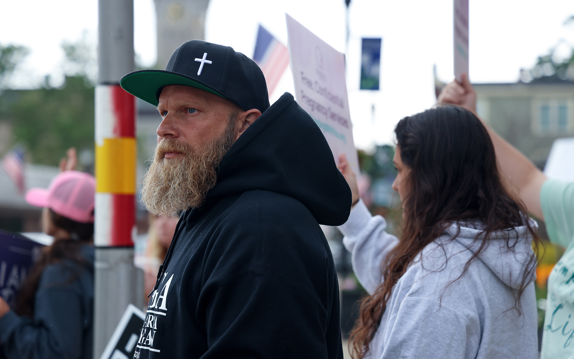 Shaun O'Reilly joins anti-abortion advocates outside First Concern Pregnancy Resource Center during an open house, on June 17, 2023, in Marlborough, Massachusetts. (Trilce Estrada Olvera/News21)