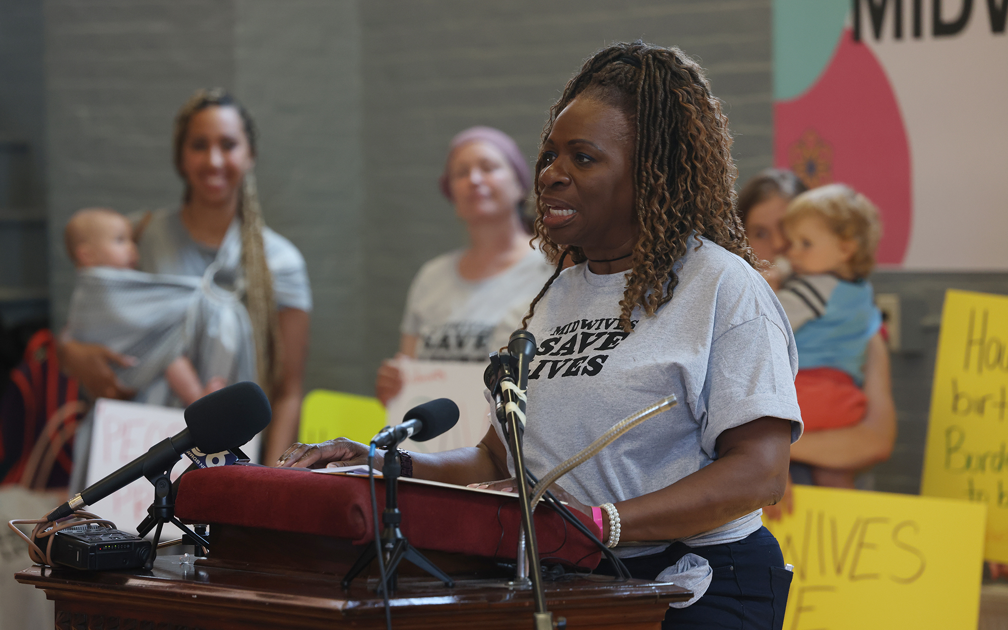 Esther Patterson is with BirthNet, an organization that works to eliminate health inequities for pregnant people. At a rally on June 20, 2023, Patterson called the proposed closure of Burdett Birth Center “a slap in the face to all of our Black and brown birthing families and all of the families that live in rural communities.” (Photo by Morgan Casey/News21)