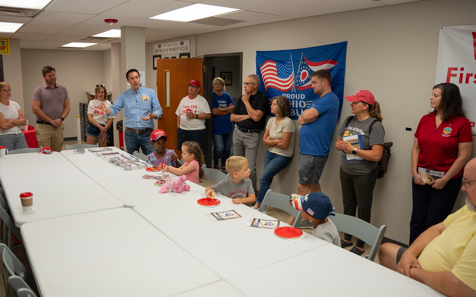 Ohio Secretary of State Frank LaRose speaks at the GOP headquarters in Delaware, Ohio, on June 24, 2023, the one-year anniversary of the reversal of Roe v. Wade. Republicans gathered to celebrate the decision and gear up for a special election to potentially raise the threshold to amend the state constitution. (Photo by Mingson Lau/News21)