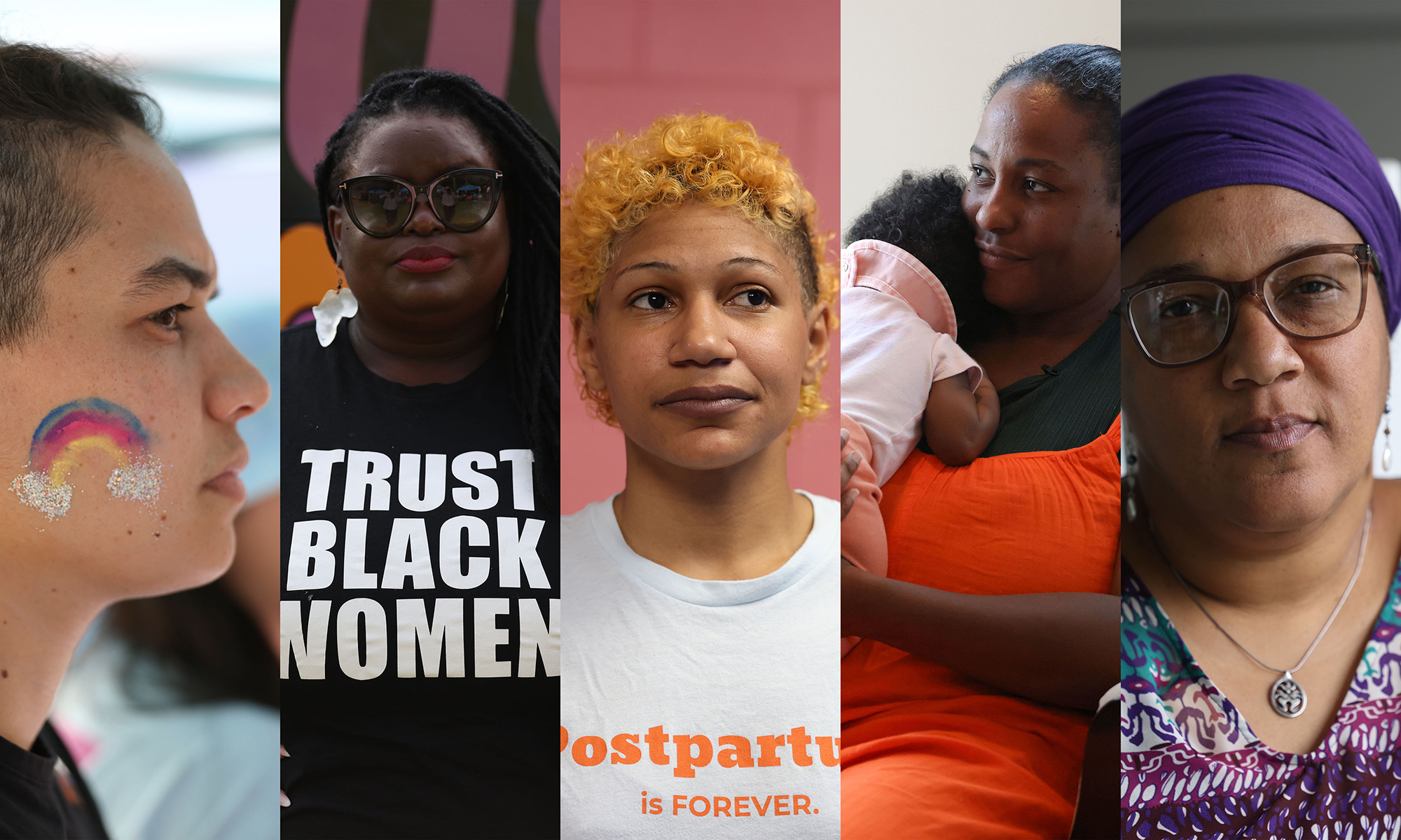 In the South, grassroots activists are working to combat maternal mortality rates. Among them, from left, are: Maya Hart and Monica Simpson of SisterSong; Iesha Lynch, a birth, death and postpartum doula; Maya Jackson, founder of MAAME; and Tina Braimah, a midwife and owner of Sankofa Birth and Women’s Care. (Photos by Shelby Rae Wills/News21)